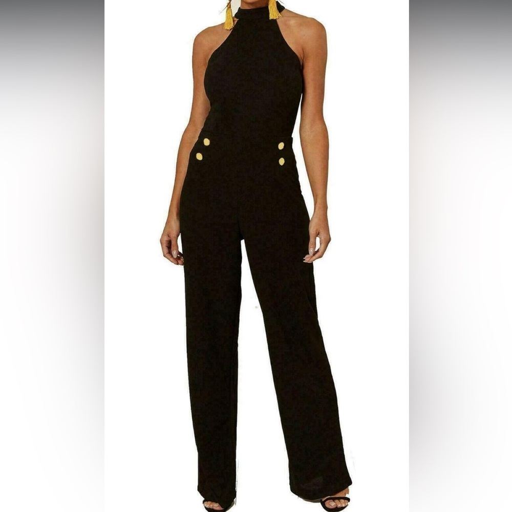 Halter Black Jumpsuit Sleeveless Wide Leg Flare Gold Button Detail Dressy